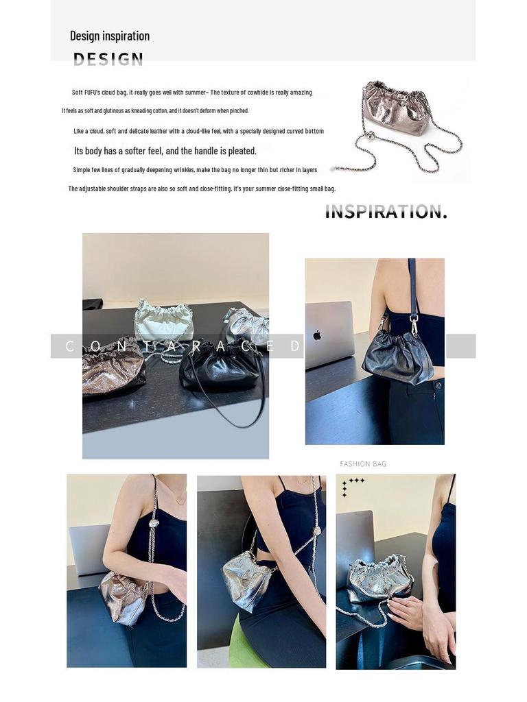 Damska torebka łańcuszkowa typu chmurka z plisowanej skóry naturalnej ze złotym akcentem - Stylowa modna na ramię/przez ramię