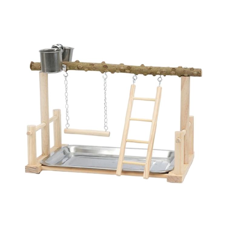 Wood Bird Play Stand Playgrounds Toy with Textured Branch Perch, Swing, Climbing Ladder and Metal Tray for Pet Bird Rest, Exercise Activity