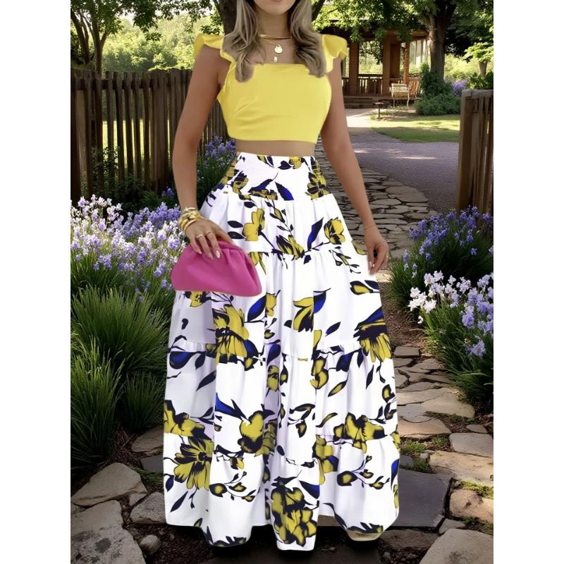 Women's 2 Piece Outfit Set Sexy Solid Color Ruffle Sleeve Crop Top High Waist Tiered Flowy Maxi Skirt Elegant Vacation Beach Wear Suit