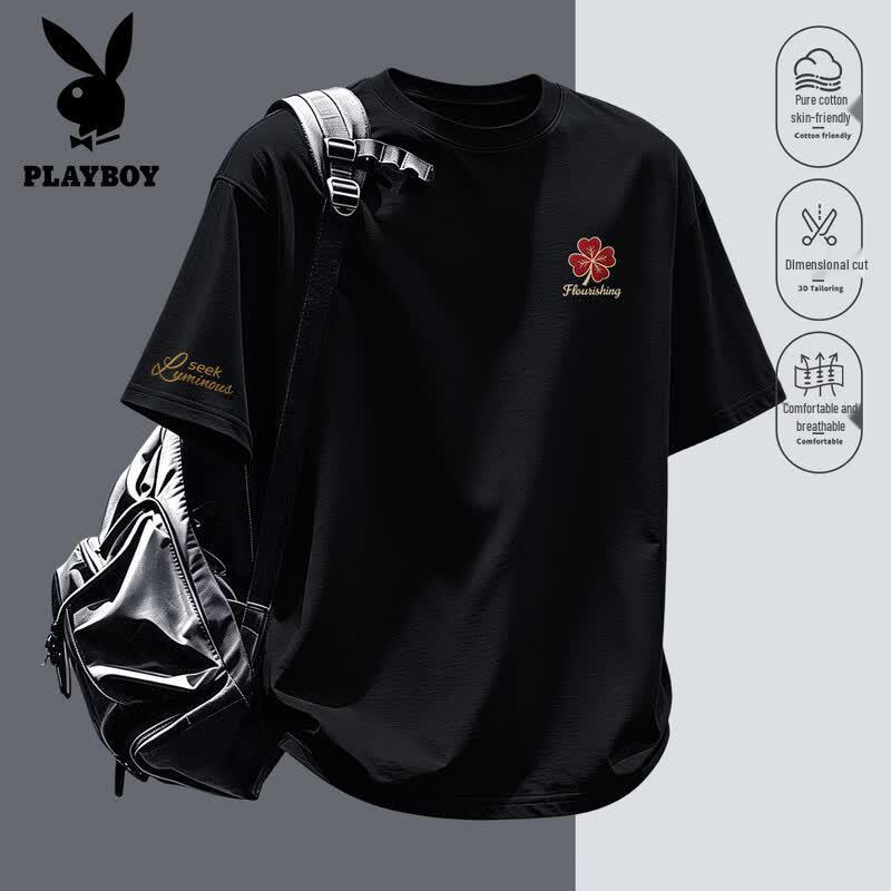 Playboy Men s 2026 Summer Round Neck Cotton Short Sleeve T-Shirt 2XL чёрный