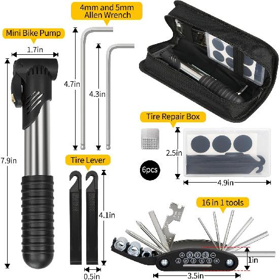 Bike Repair Kit, Bicycle Repair Bag with Tire Pump, Bike Tool Kit for Camping Travel,and 5mm Allen Wrenches, Used for Mountain Bike and Road Bike