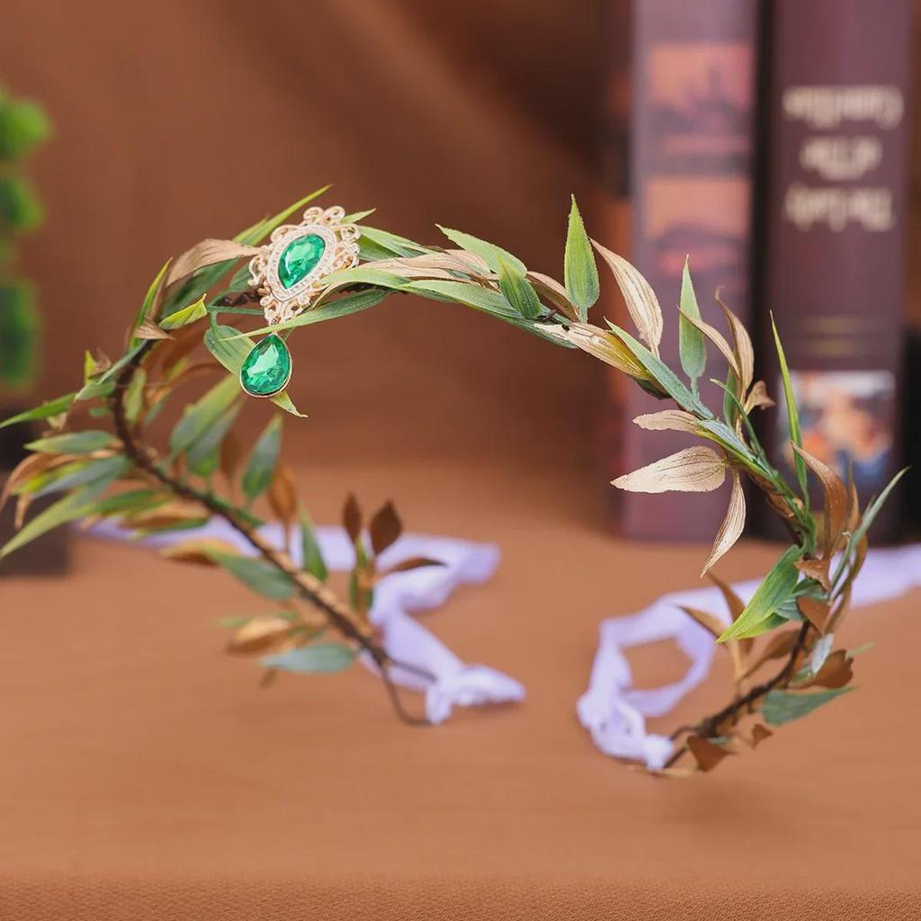 Zielony liść bambusa i złoty liść retro opaska na głowę z nakryciem głowy inspirowanym elfkami