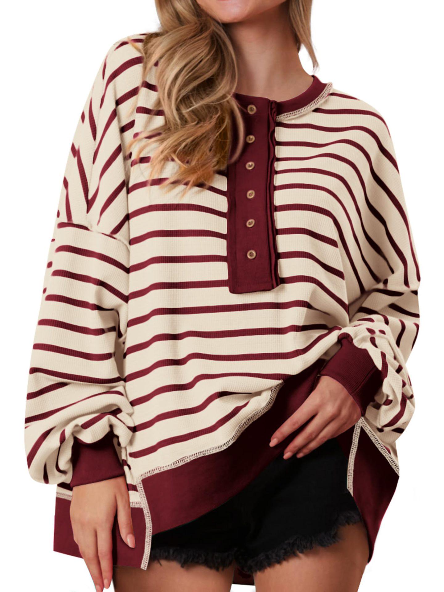 

Color Block Long Sleeve Striped Button-Up Casual Sweater for Women - Autumn/Winter L бордовий