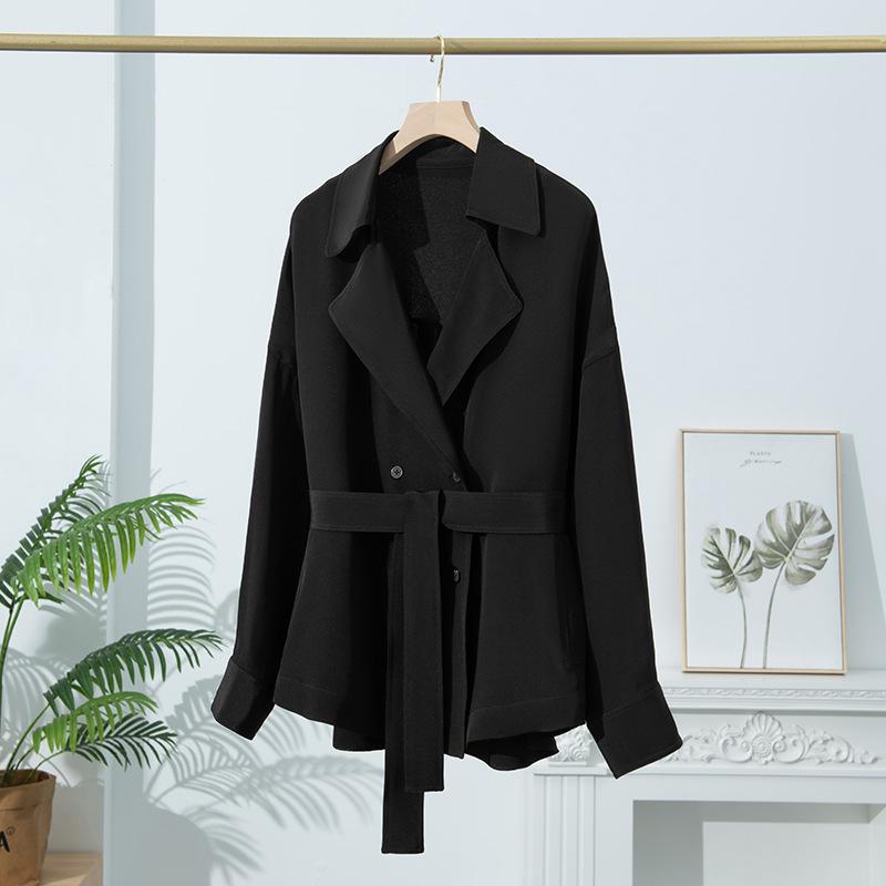 

Женский винтажный тяжелый тренч из шелка тутового дерева - с длинным рукавом, больших размеров, осенний наряд для поездок на работу One Size чёрный