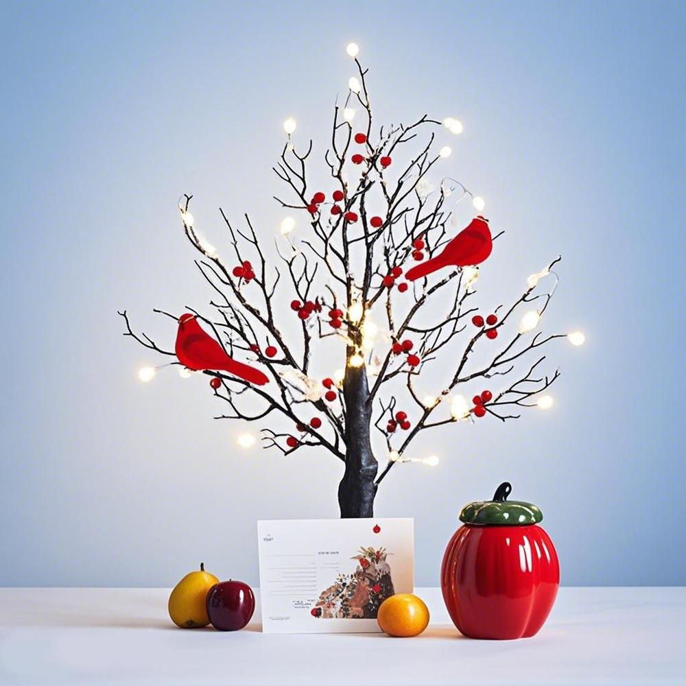 Christmas Glowing Tree Light Vintage Birch Tree LED Cardinal Little Red Bird Table Decoration for Xmas Indoor Home Decor