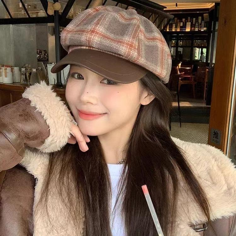 Beret Women's Autumn and Winter New Octagonal Hat Retro Plaid Painter Hat Showing Face Small Newsboy Hat