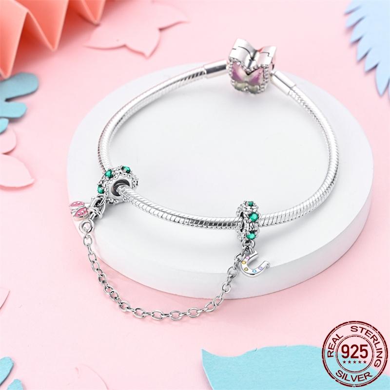 New 100% 925 Silver Lucky Clover Safety Chain Charms Bead Fits Original Pan Bracelet Pendant Women Fashion Fine Diy Jewelry