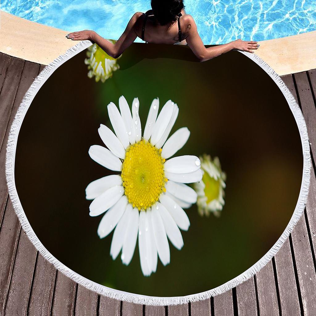 Floral Daisy Round Beach Towel,Microfiber Beach Blanket Sand Free Quick Dry Swim Pool Bath Circle Towel with Tassel for Teen Men