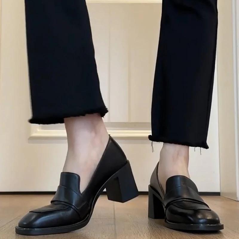 Vintage College Style Women Loafer Shoes Fashion Shallow Slip On Female Elegant Thick Heel Commuting Shoes