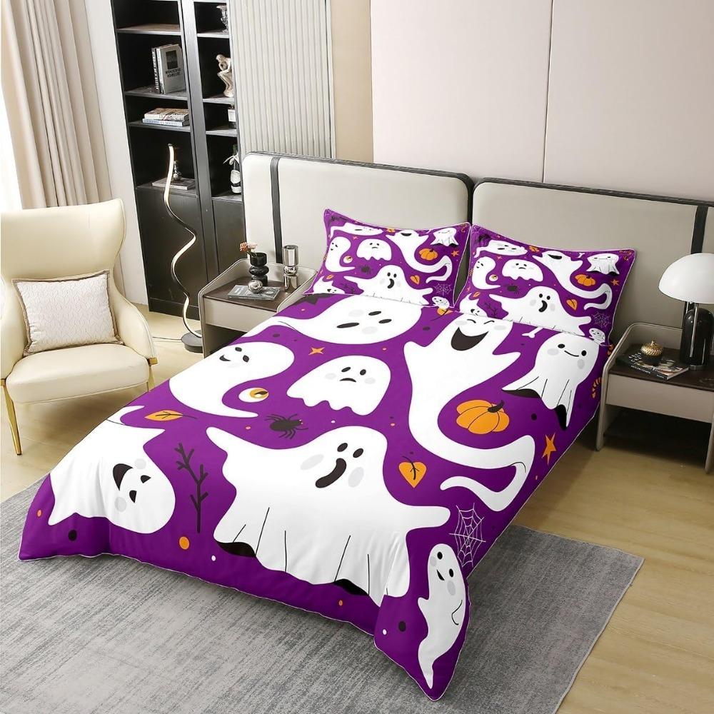Black Cat Duvet Cover Halloween Witch Hat Comforter Gothic Spider Bedding Set for Kids Teens Halloween Decor