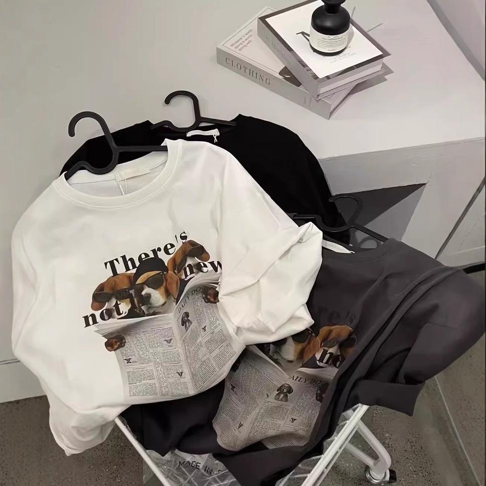 

Футболка из чистого хлопка, летняя, новая, универсальная, свободная, с круглым вырезом и короткими рукавами, с рисунком собаки из мультфильма, для женщин XXXL белый