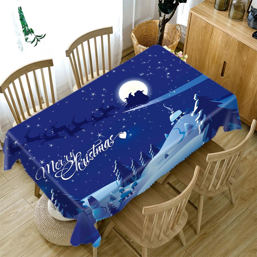Thicken Cotton Tablecloth Blue Background Santa Claus Snow Pattern Rectangular Round Table Cloth For Wedding Picnic Party