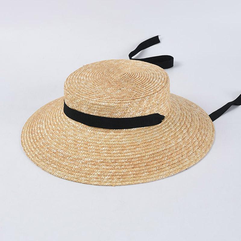 Fashion Women Summer Hat Wide Brim Beach Hat Ribbon Tie Wheat Straw Hat Outdoorsman Boater Hat Sun Protective Panama