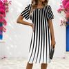 Women Plus Size Round Neck Short Sleeve Black White Striped Printed Fitted Dress