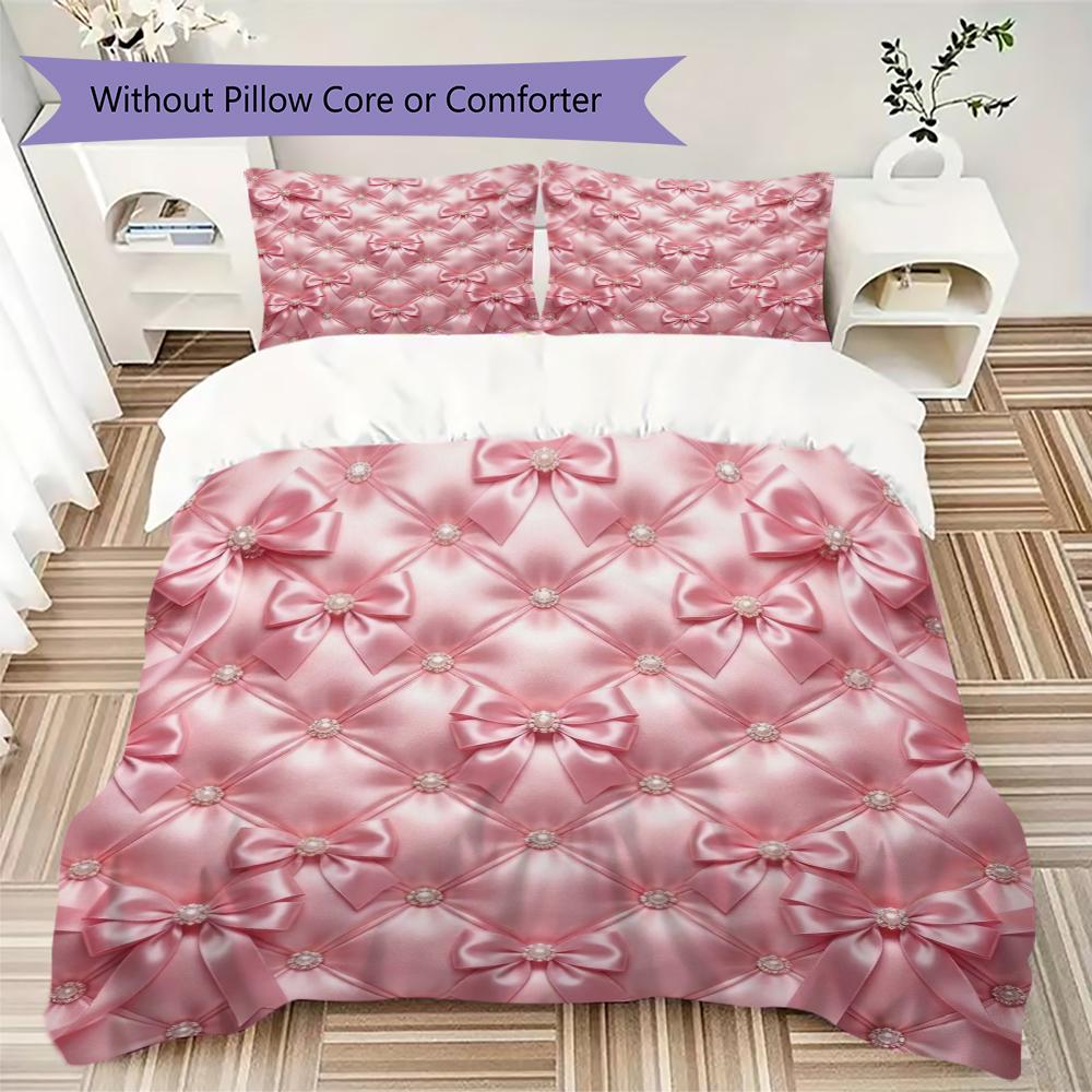 Pink Bow Pattern Bedding Uilt Set Uilt Cover Pillowcase Home Decoration Birthday Gift (1 * Duvet Cover + 2 * Pillowcase  Without Core)29