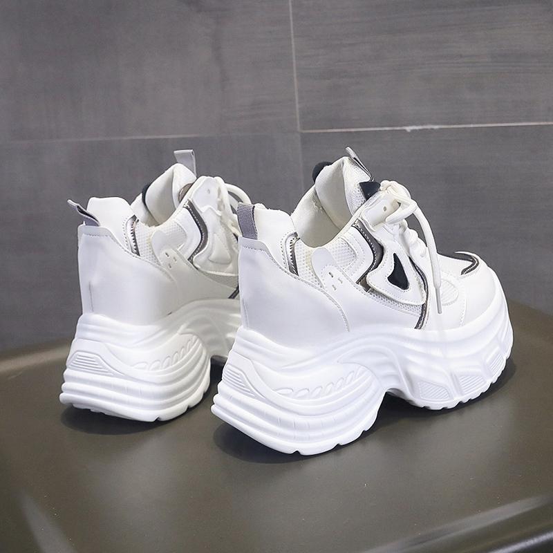 Fashion 10CM Women Casual Leather Mesh Shoes New Autumn Breathable Chunky Sneakers Street Height Increased Shoes Thick Platform Sneakers
