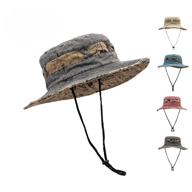 Unisex Washed Cotton Bucket Hat Summer Spring Wide Brim Sun Hat Outdoor Fishing Hiking Cap UV Protection Breathable Beach Safari Hat with Chin Cord