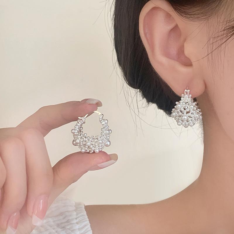 PONYKISS Sterling Zilver 18K Goud Volledige Parel Bloemenmand Hoepel Oorbellen voor Vrouwen Trendy Fijne Geometrische Accessoires