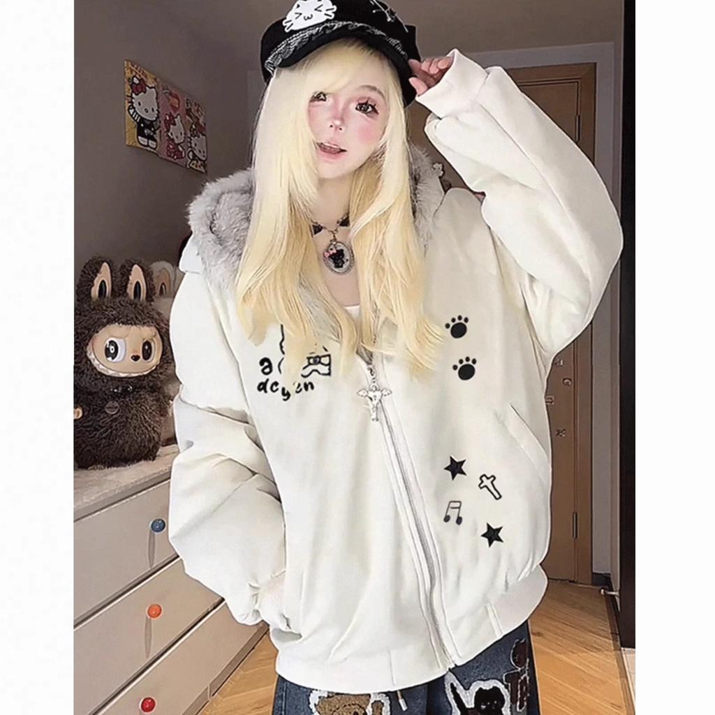 American Retro Cute Plush Ears Fur Collar Cotton Clothes Women's Autumn and Winter Loose Thickened Warm Hooded Cotton Coat