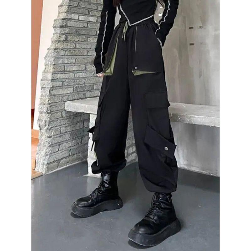 

High Waist Pocket Slim Overalls Trousers High Waist Pocket Cargo Pants Pants Black L