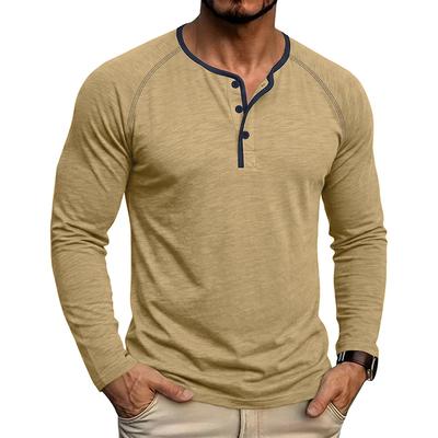 Frühling Herbst Herren Baumwolle Henry-Kragen T-Shirts Amerikanischer Stil Mode Smart Casual T-Shirts Oberteile Herren Patchwork Atmungsaktives T-Shirt