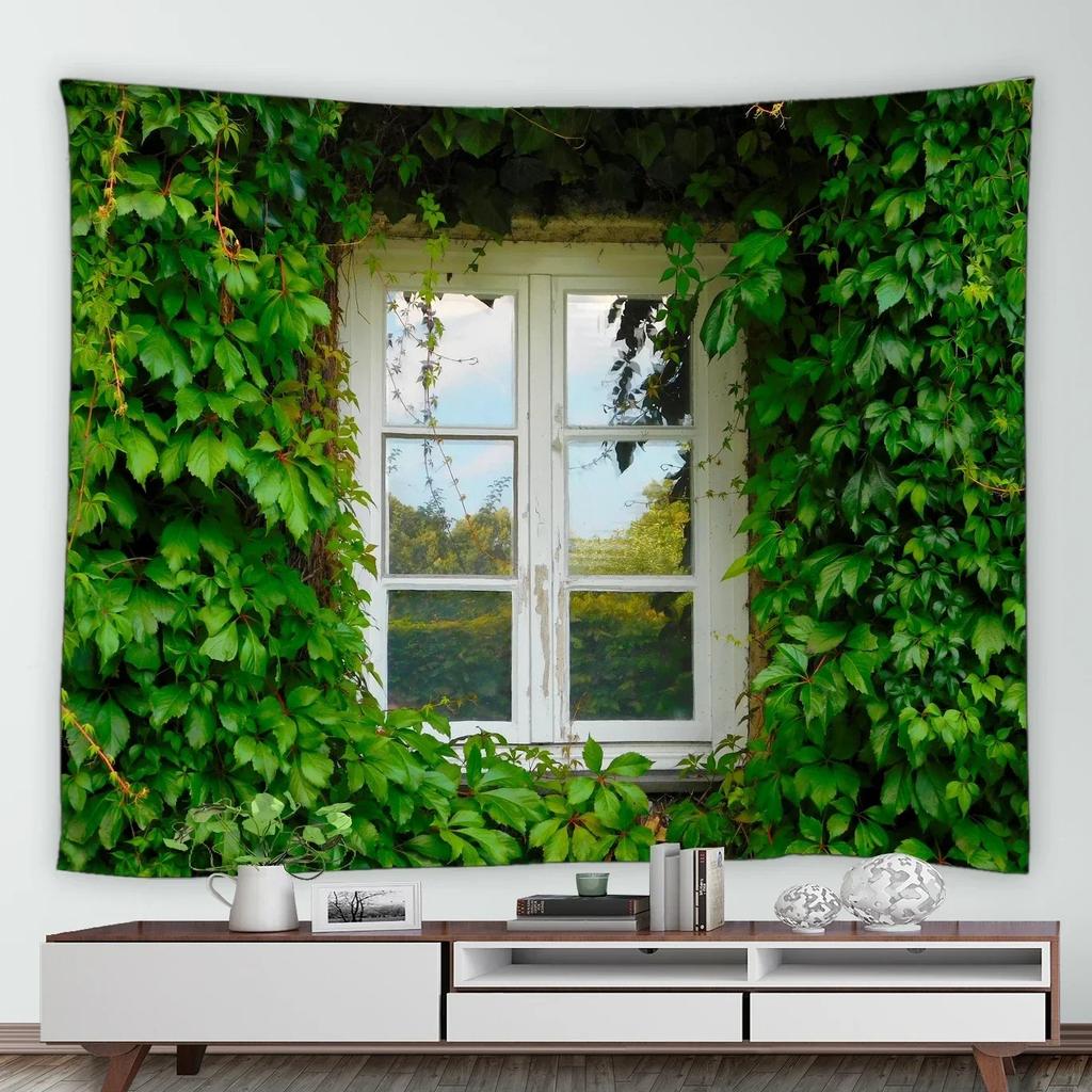 Home Decor Wall Hanging Tropical Garden Landscape Tapestry Waterfall Flower Tree Vintage Brick Vine Plant Park Natural Scenery