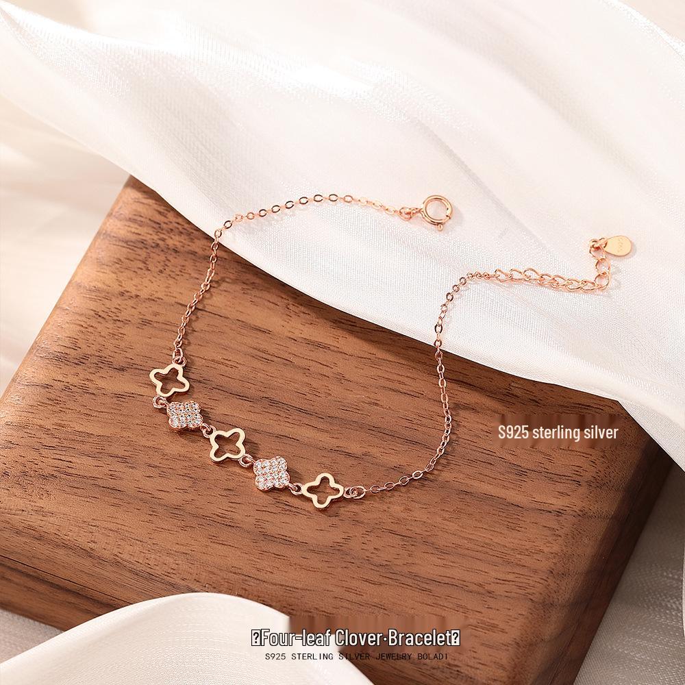 S925 Sterling Silver Lucky Four-Leaf Clover Bracelet in Mori Style - Simple, Elegant, Niche Hand Jewelry 925 Silver