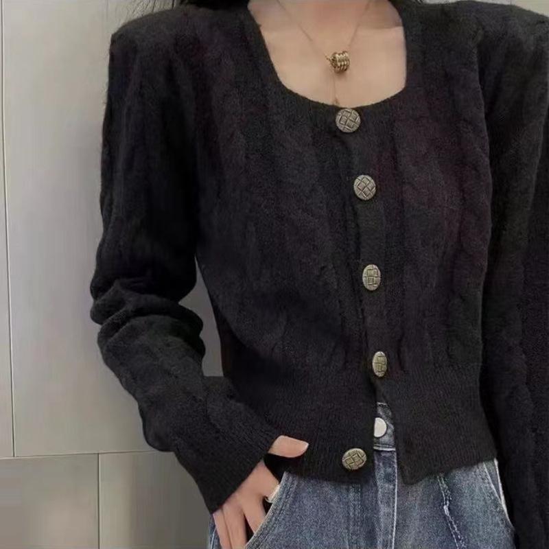 French small fragrant style square neck twist sweater cardigan women's style short waist and thin top knitted sweater