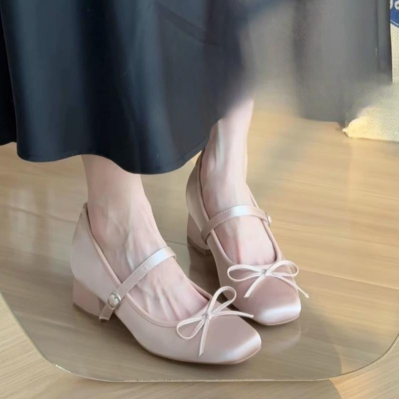 Fashion Square Heel Loafers Mid Heel Butterfly-knot Ladies Shoes 2025 New Hot Sale Solid Square Toe Buckle Strap Sweet Women's Shoes