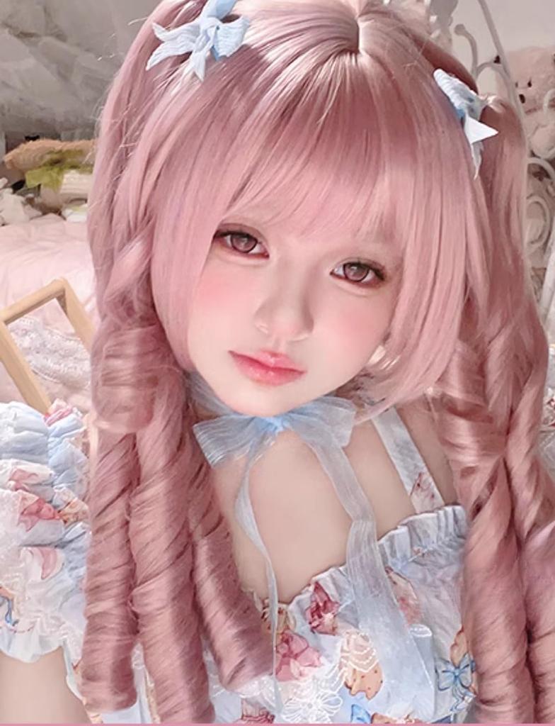 Lolita Wig with Vertical Rolls and Featuring Fluffy Curls and a Includes a Net for Added Heat Resistance and Perfect for Everyday or Everyday Pink