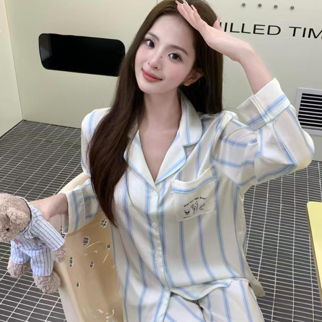 Long Korean Style Long-sleeved Ice Silk Pajamas Women's Simple Striped Pajamas Autumn and Winter Fashion Suit High-end Loungewear
