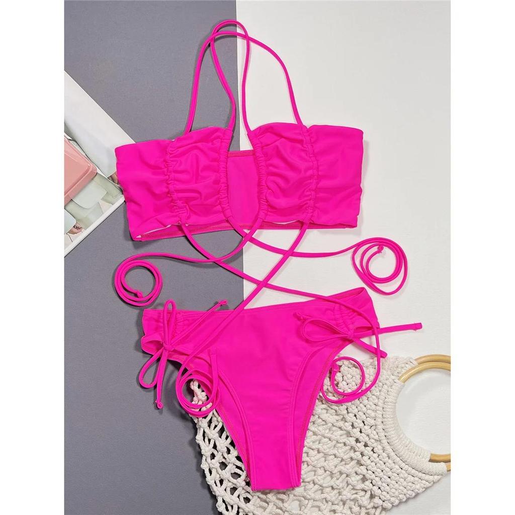Sexy Wrap Around Wrinkled Mid Waist Bikini Female Swimsuit Women Swimwear Two-pieces Bikini Set Bather Bathing Suit Swim