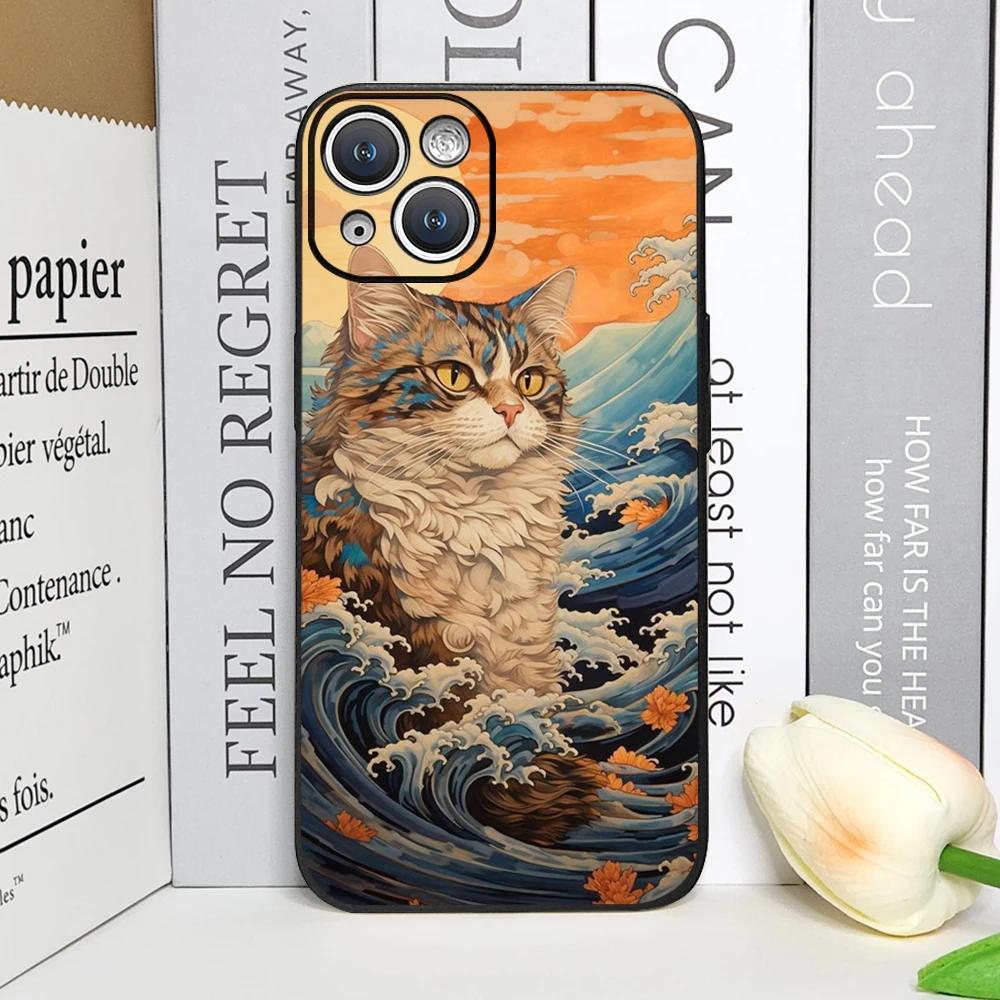 Japan The Great Wave of Kanagawa Cat Phone Case for IPhone 12 Mini 11 13 14 15 16 Pro X XS Max 7 8Plus SE2 Soft Cover Art Fundas