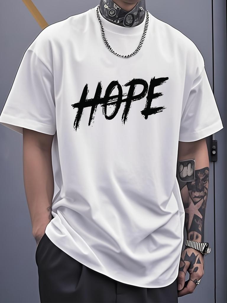 Unisex Crew Neck Tee Brush Text Hope Motivational Print Soft Cotton Short Sleeve Urban Street Loose Top For Optimistic Young Unisex