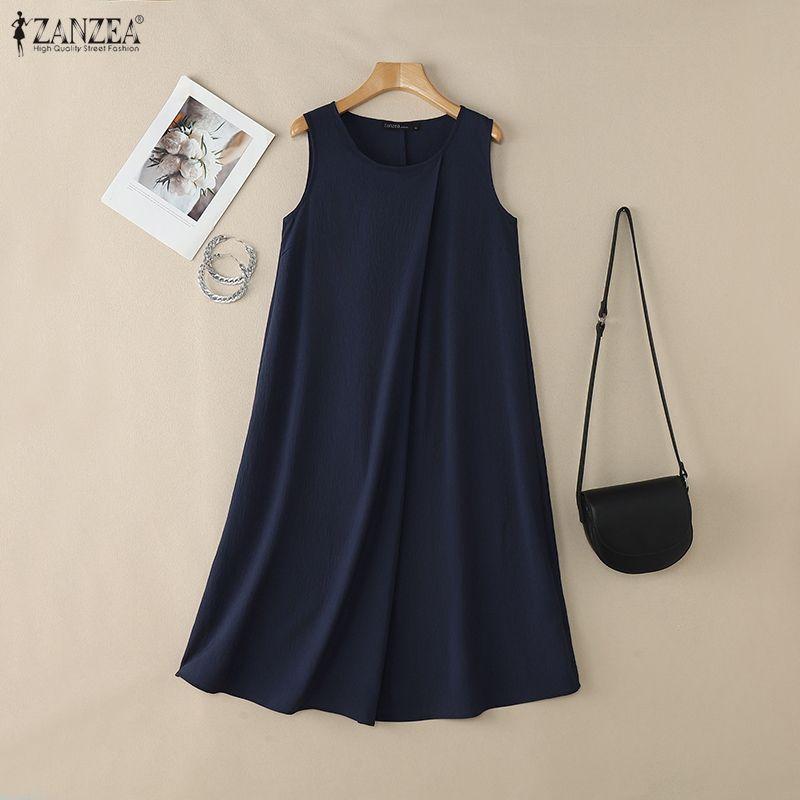 ZANZEA Women Round Neck Summer Casual Sleeveless Dress