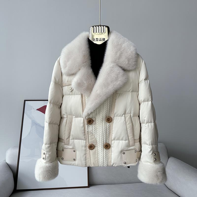 European winter new high-end mulberry silk white goose down jacket women's short mink fur collar fur jacket