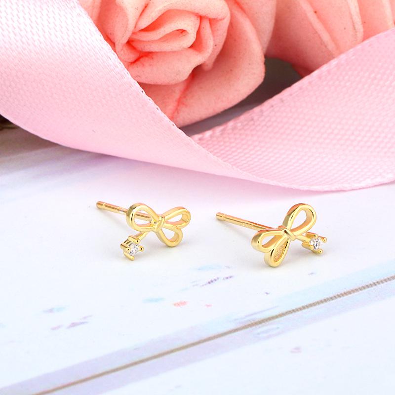 Beixi Silverware S925 Sterling Silver Gold Bowknot Stud Earrings - Simple, Sweet, and Small
