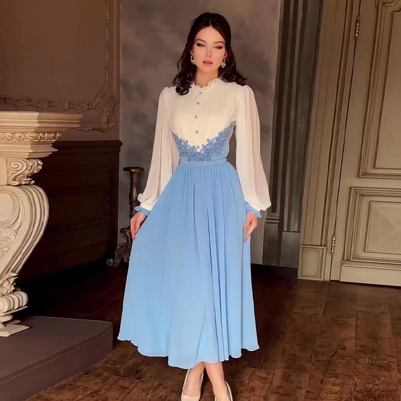 Rochie Lungă Elegantă cu Blocuri de Culoare pentru Femei Europene și Americane, Toamna 2024