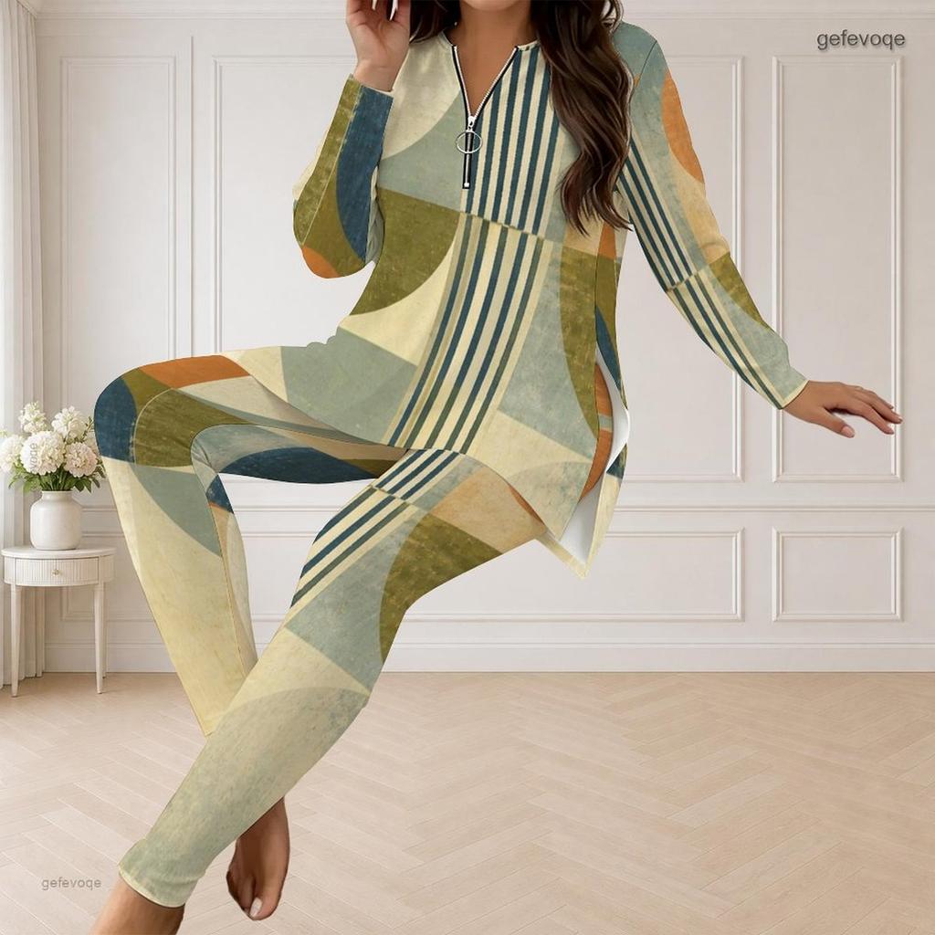 Women Plus Size Blue Yellow White Abstract Printed Front Zipper Long Sleeve Longline Top Fitted Pants Two Piece Set