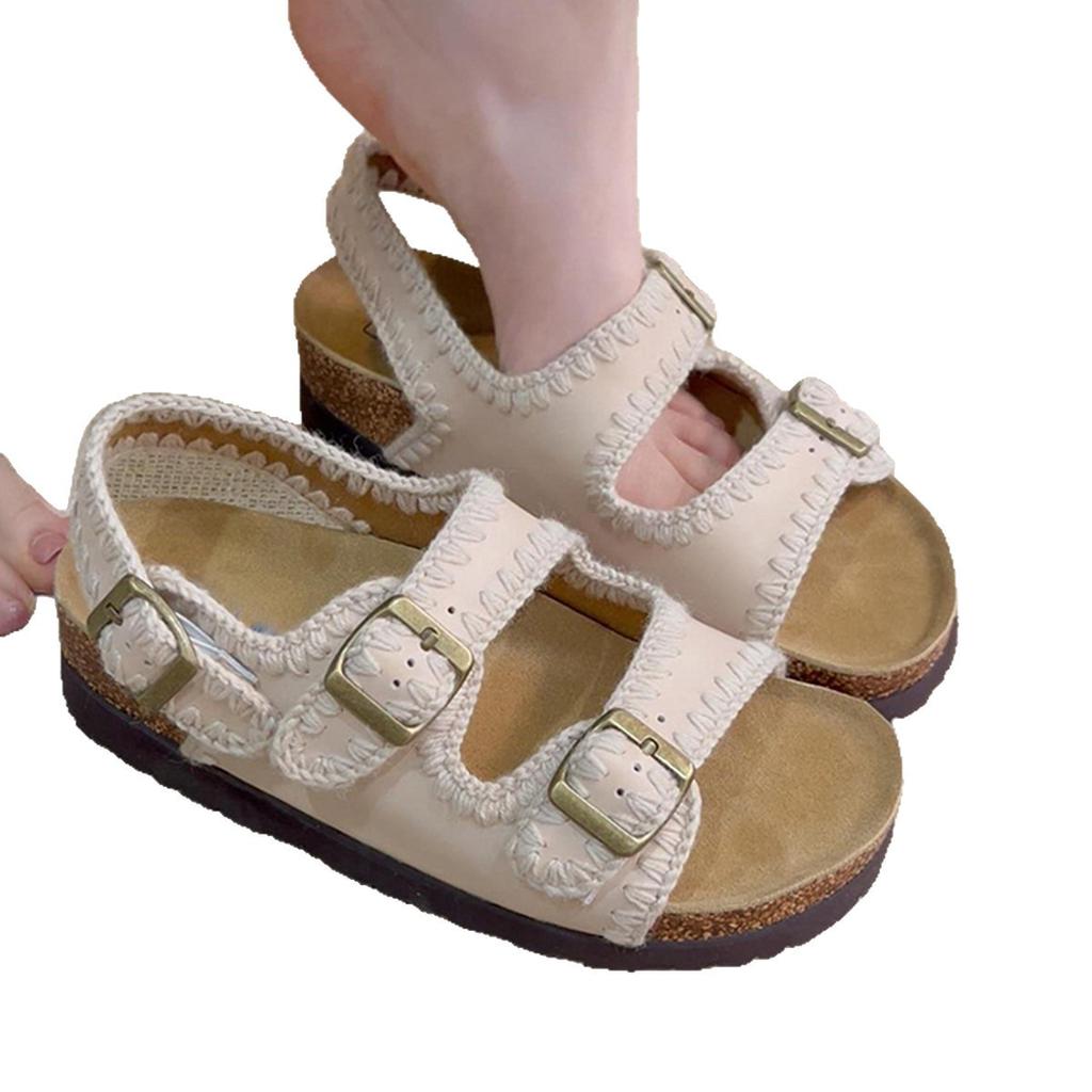 Sheepskin Edition~Retro One Word Buckle Externally Wearing Boken Shoes Summer Fashion Round Head Thick Bottom Beach Sandals