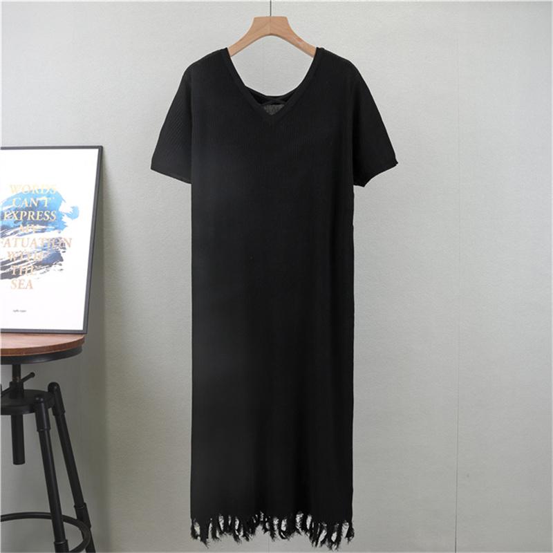 

Women s Summer Short Sleeved Casual Knitted Striped Dress Tassel Mid Length Dress One Size чорний