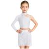 Top Cropped de Ombro Assimétrico para Meninas com Franjas de Strass Brilhantes Conjunto para Performance de Dança