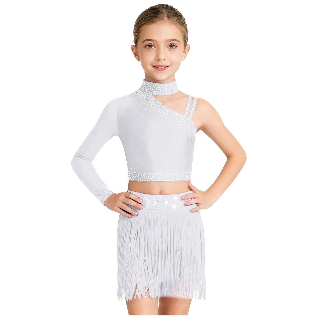Top Cropped de Ombro Assimétrico para Meninas com Franjas de Strass Brilhantes Conjunto para Performance de Dança
