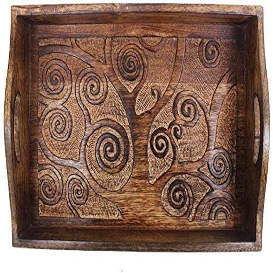 Handgeschnitztes Frühstücks-Serviertablett aus Holz mit Lebensbaum-Motiv und Griff für Tee, Snacks, Desserts, Küche, Esszimmer, Serviergeschirr, Zubehör