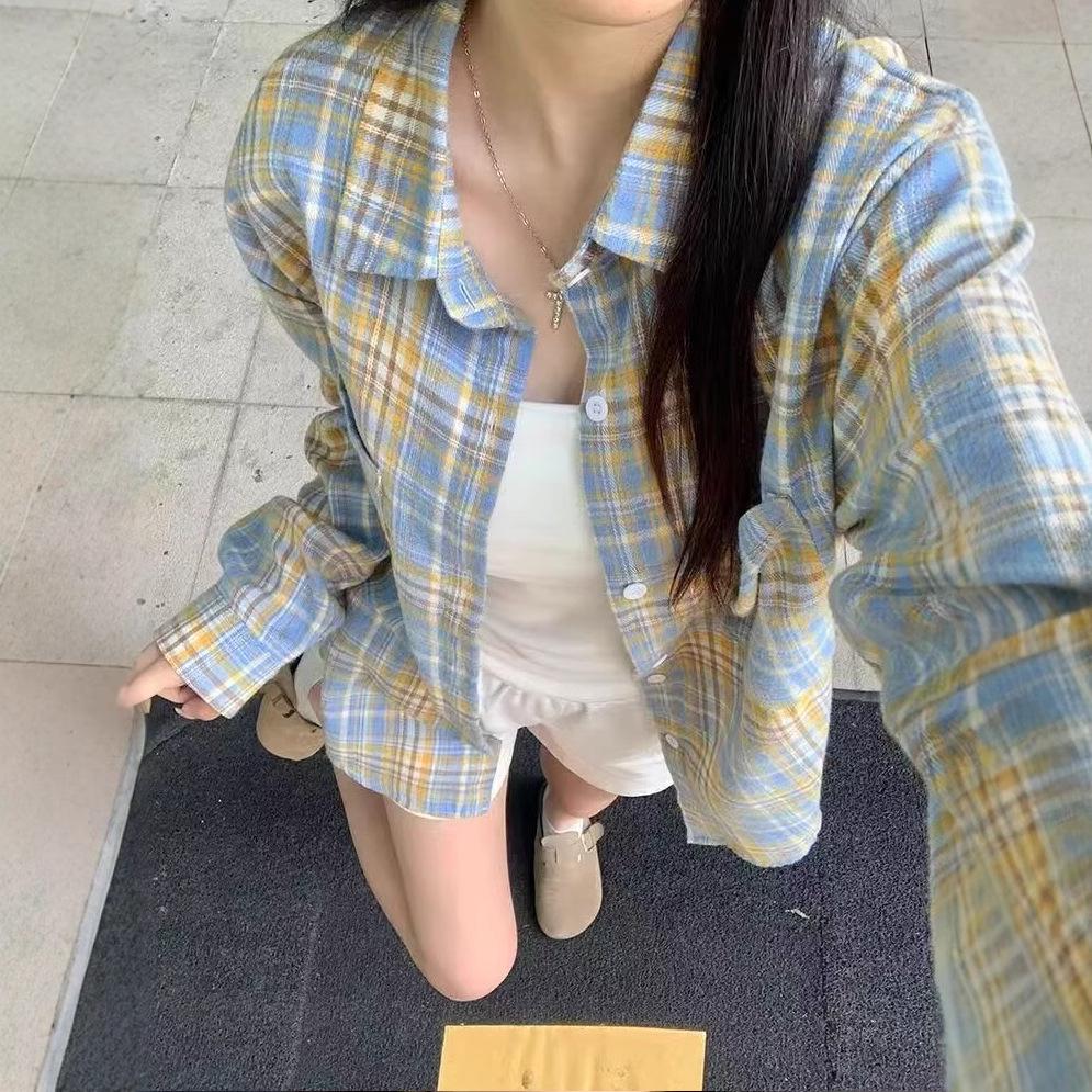 Unisex Karohemd mit koreanischem Umlege-Polokragen - Süßer und frischer Stil