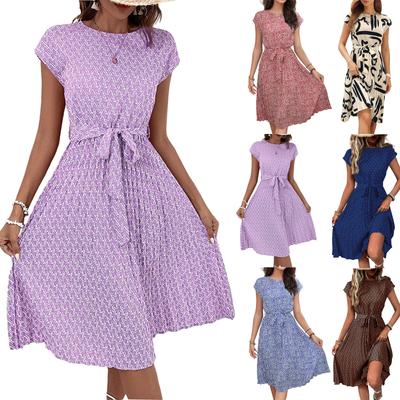 Women's Casual  Loose Print Pleated Waistband Dress Print Pleated Waistband Dress