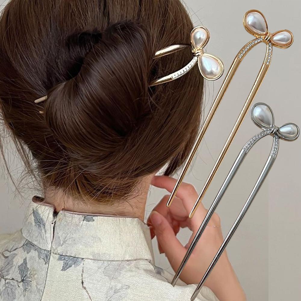 Simple U-Shaped Pearl Hair Fork Bun Bow Hairpins Metal Hair Sticks Hair Clips Barrettes Hair Accessories Women Headwear