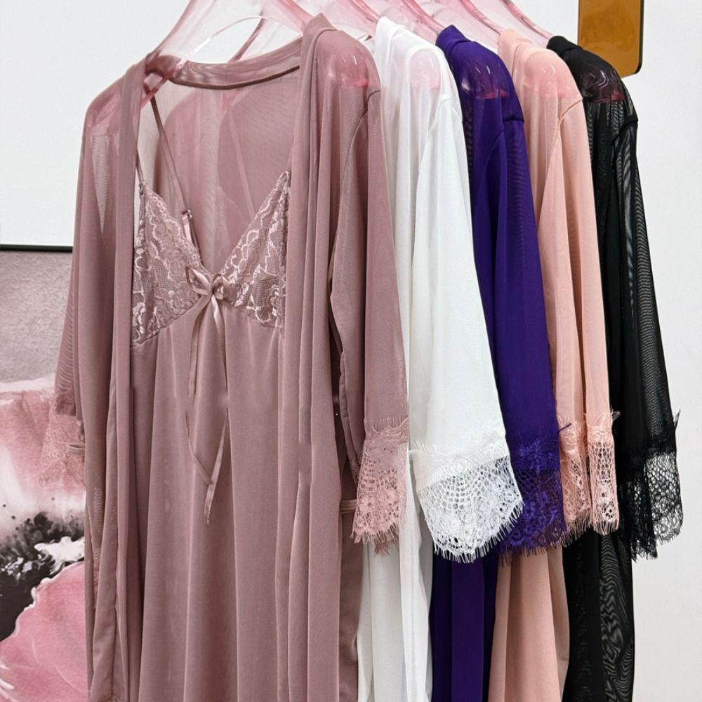 Backless Lace Suspender Nightdress Transparent Sleepwear Robe Set Sweet Mesh Sling Nightgown Gift