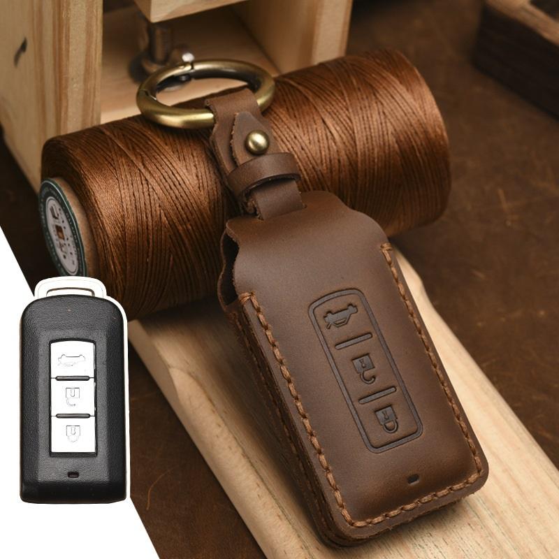 Leather Car Key Fob Case Key Cover For Mitsubishi Outlander Lancer 10 Pajero Sport Ex Asx Rvr Colt Grandis L200