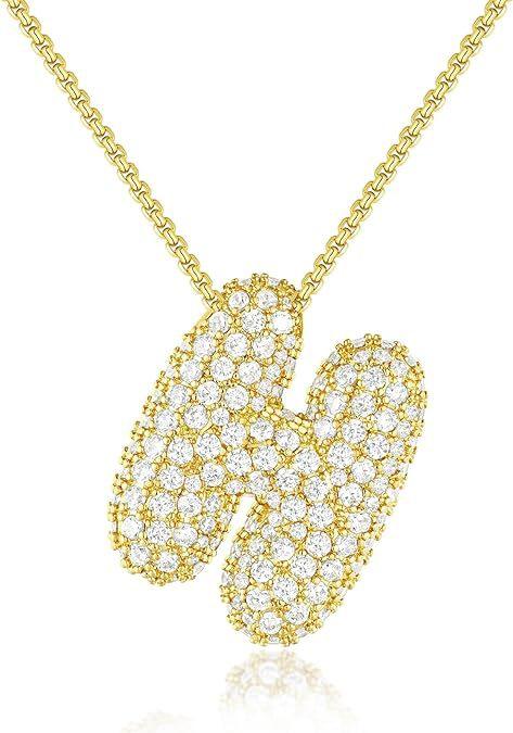 Stainless Steel Bubble Letter Initial Pendant Chunky Women Personality Jewelry Zircon Gold Plated Balloon 26 Letter Necklaces